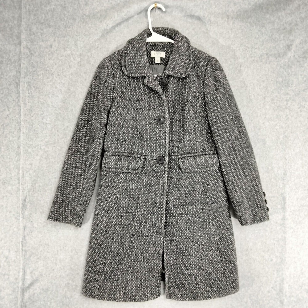 Ann Taylor LOFT Petites Dress Coat Wmns Sz 4P Gray Tweed 3 Button A-Line